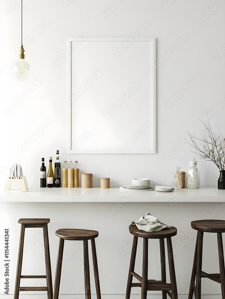 A white poster frame hanging above a kitchen counter, with stools and countertop items creating depth in the scene. A white poster frame hanging above a kitchen counter, with stools and countertop items creating depth in the scene.