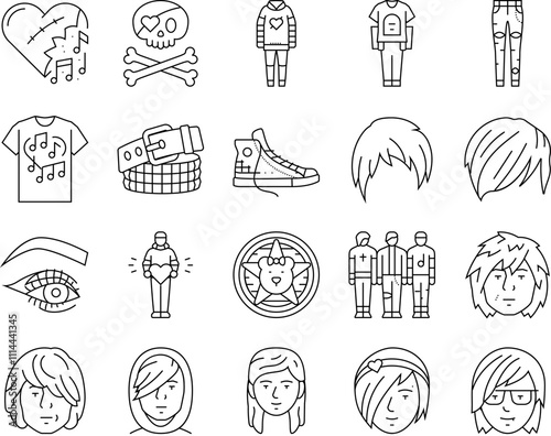emo punk rock tattoo cute icons set vector. fire sticker, goth gothic, skull music, girl grafitti, love scribble star emo punk rock tattoo cute black contour illustrations