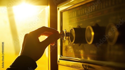 Hand turning knob on vintage radio in warm sunlight.