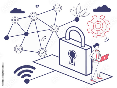 Abstract background of a virtual padlock between networks and internet connections, security and technology concept