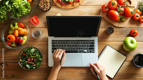 Overhead view of a person using a laptop surrounded by healthy food.