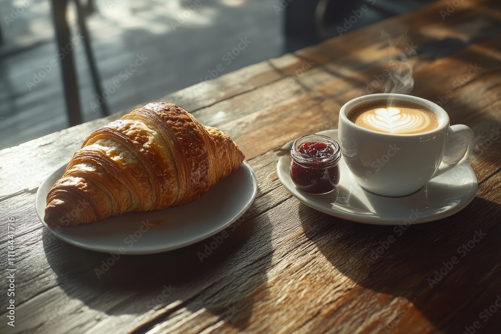 Enjoying coffee and a croissant at a cozy cafe. Generative AI Enjoying coffee and a croissant at a cozy cafe. Generative AI