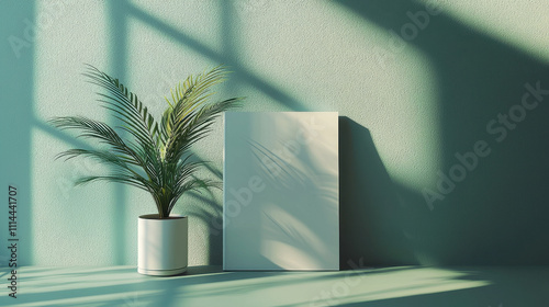 modern interior scene featuring potted plant beside blank canvas against textured wall. soft shadows create serene atmosphere, perfect for artistic inspiration