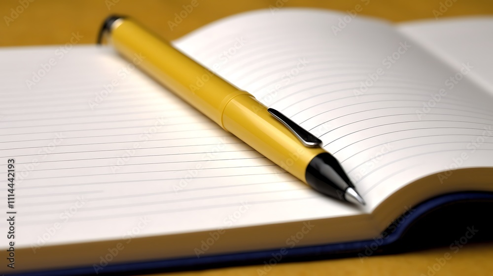 Yellow Pen Resting on an Open Lined Notebook Yellow Pen Resting on an Open Lined Notebook