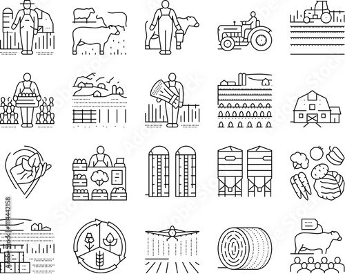 farmer farm agriculture field man icons set vector. rural worker, nature people, harvest plant, organic person, outdoor work farmer farm agriculture field man black contour illustrations