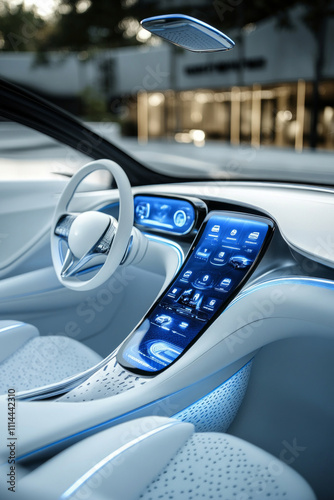 A modern car interior highlights cutting-edge technology with a sleek, interactive dashboard and ambient lighting, demonstrating future automotive design