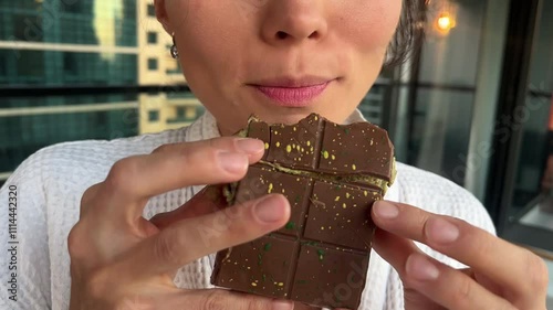 Close up of woman portrait eating Dubai chocolate with green pistachio paste, cream and kataifi dough. Trend dessert 