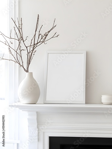 A white frame propped up on a sleek, minimalist fireplace mantle in a bright, modern apartment living room.