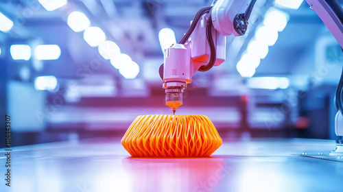 robotic arm carefully works on orange 3D printed object in modern workspace photo