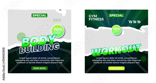 Gym, fitness, and sports social media post template design collection. Editable abstract modern square promotion banner with place for the photo with edtable text effect photo