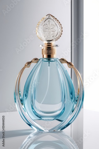 A luxurious, intricately crafted perfume bottle, adorned with intricate curves and delicate details, sits elegantly against a sleek white background. The glass bottle itself is a mesmerizing combinati photo