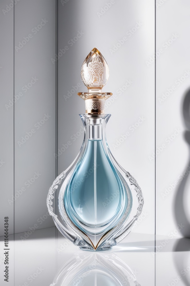A luxurious, intricately crafted perfume bottle, adorned with intricate curves and delicate details, sits elegantly against a sleek white background. The glass bottle itself is a mesmerizing combinati A luxurious, intricately crafted perfume bottle, adorned with intricate curves and delicate details, sits elegantly against a sleek white background. The glass bottle itself is a mesmerizing combinati