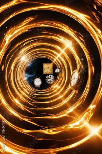 A tunnel of glowing plasma, vibrantly colored in shades of gold and black, extends from the background of the image, taking up about 80% of the frame. The intense, shimmering light of the plasma creat photo