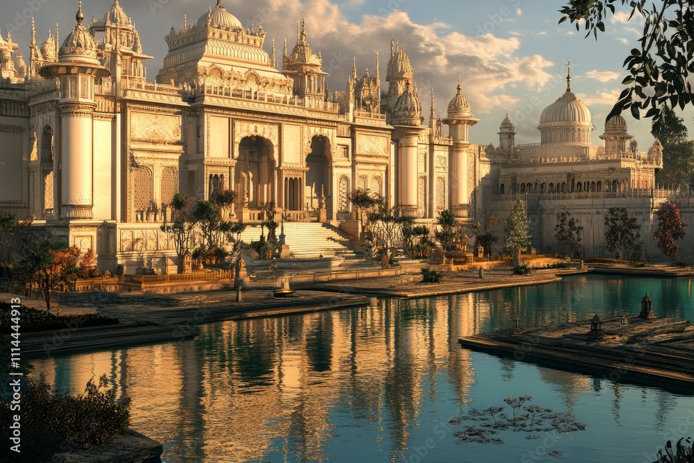 Fototapeta premium Intricate palace architecture stands by a tranquil lake at sunset