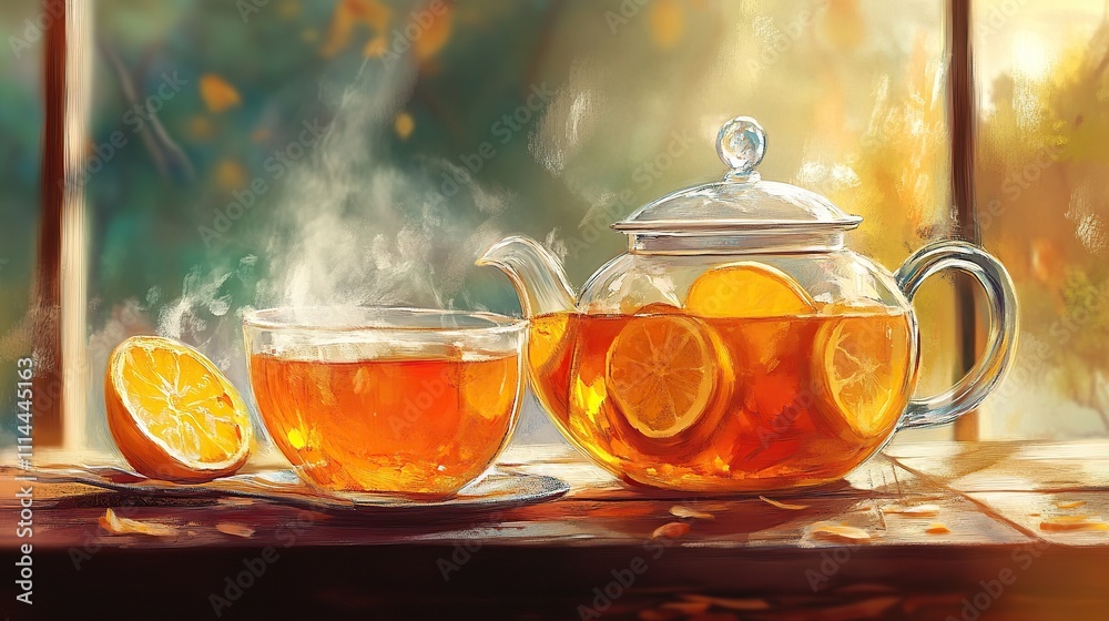 Warm, steaming citrus tea in glass teapot and cup, sunlight. Warm, steaming citrus tea in glass teapot and cup, sunlight.