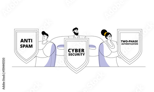 Characters with cyber security shields. Vector illustration of cyber security and data protection concept on phone. Data and information protection department.