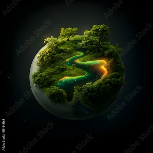 A breathtaking vision of an exoplanet teeming with bioluminescent verdant landscapes undulating rivers and floating biospheres photo