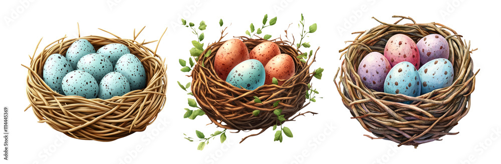 Colorful Eggs in Nest on Transparent Background Colorful Eggs in Nest on Transparent Background