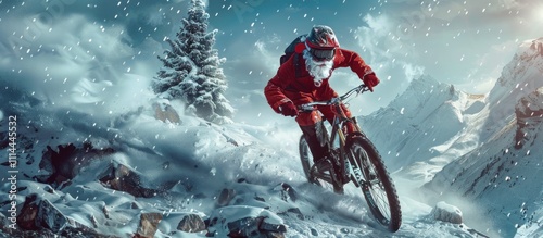 Obraz na płótnie Santa Claus Mountain Biking in a Snowy Landscape w salonie