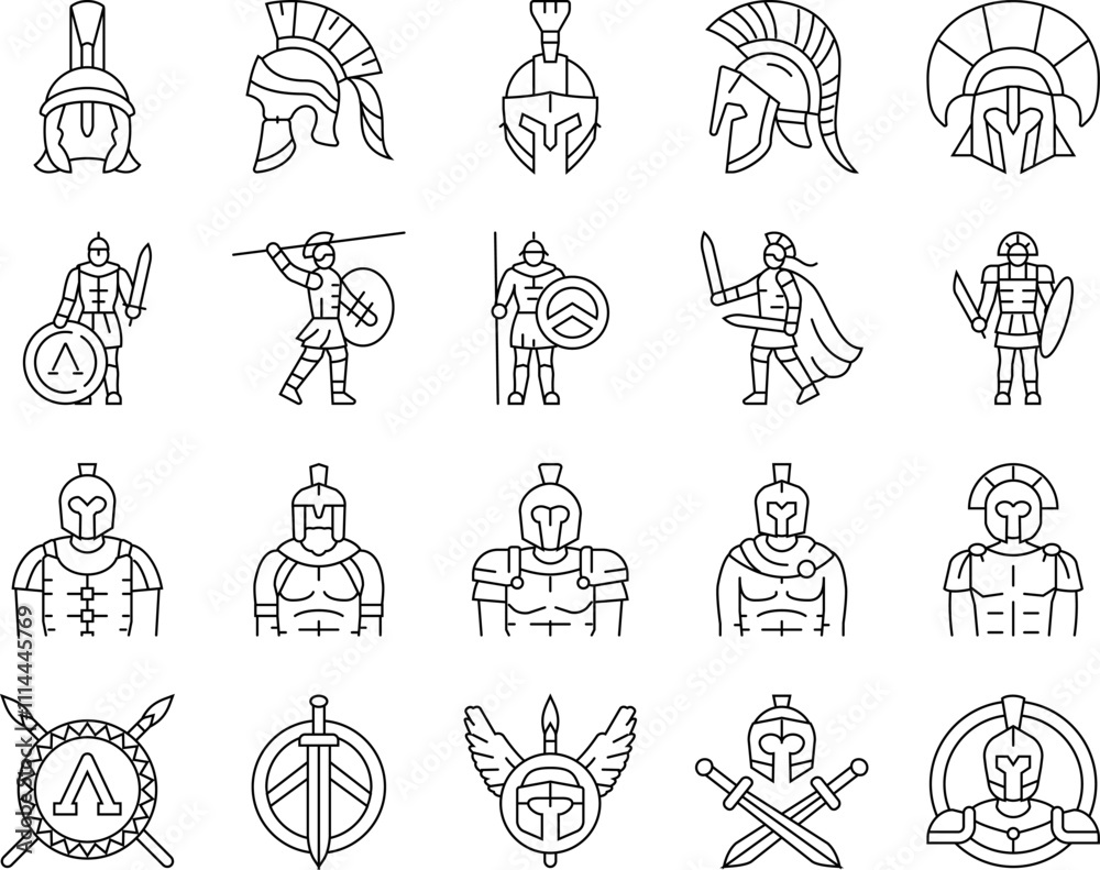 Obraz premium spartan warrior helmet roman icons set vector. soldier sparta, battle armor, gladiator head, greek ancient, knight spartan warrior helmet roman black contour illustrations
