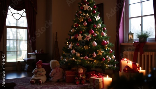 A cozy holiday scene with a decorated Christmas tree, toys, and candles.