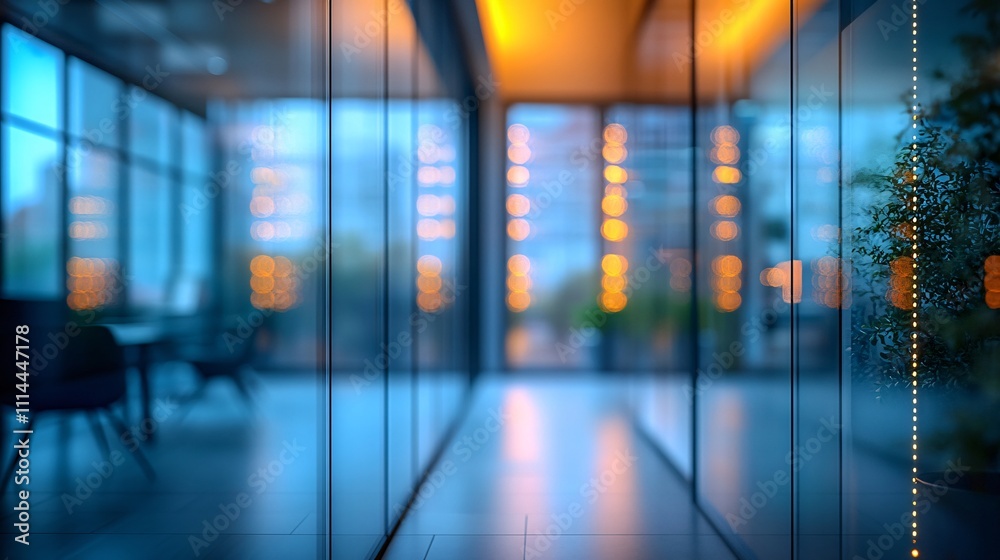 A modern IT office space with a blurred background, glass surfaces visible through the LED strips A modern IT office space with a blurred background, glass surfaces visible through the LED strips