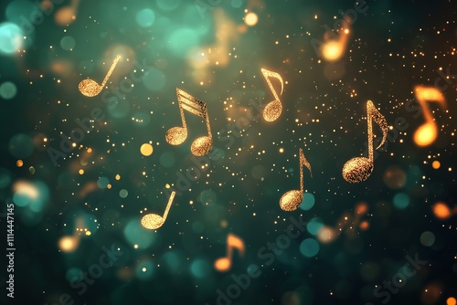 Golden  musical notes and symbols flying on green background