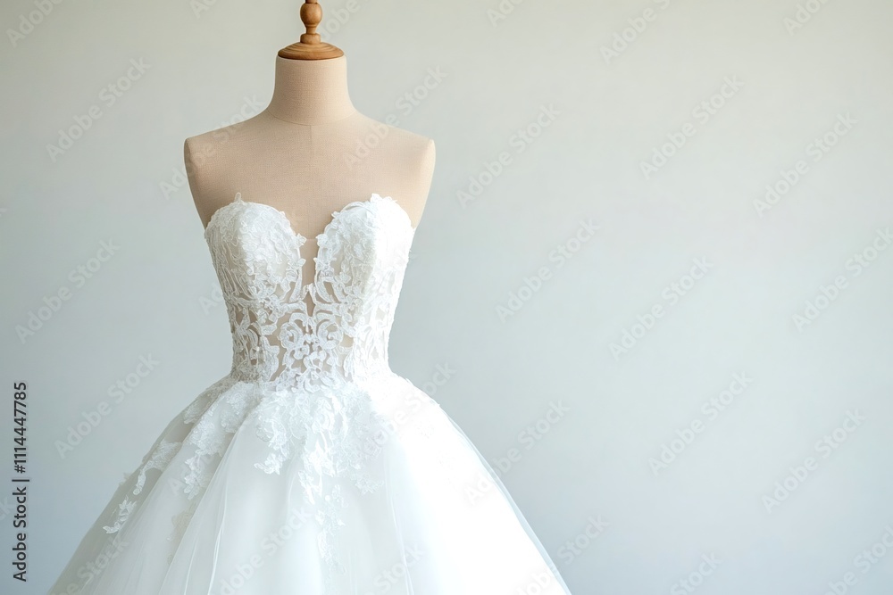 Elegant white lace wedding dress with a sweetheart neckline and floral embroidery is displayed on a mannequin in a bridal shop, showcasing its intricate details and delicate craftsmanship Elegant white lace wedding dress with a sweetheart neckline and floral embroidery is displayed on a mannequin in a bridal shop, showcasing its intricate details and delicate craftsmanship