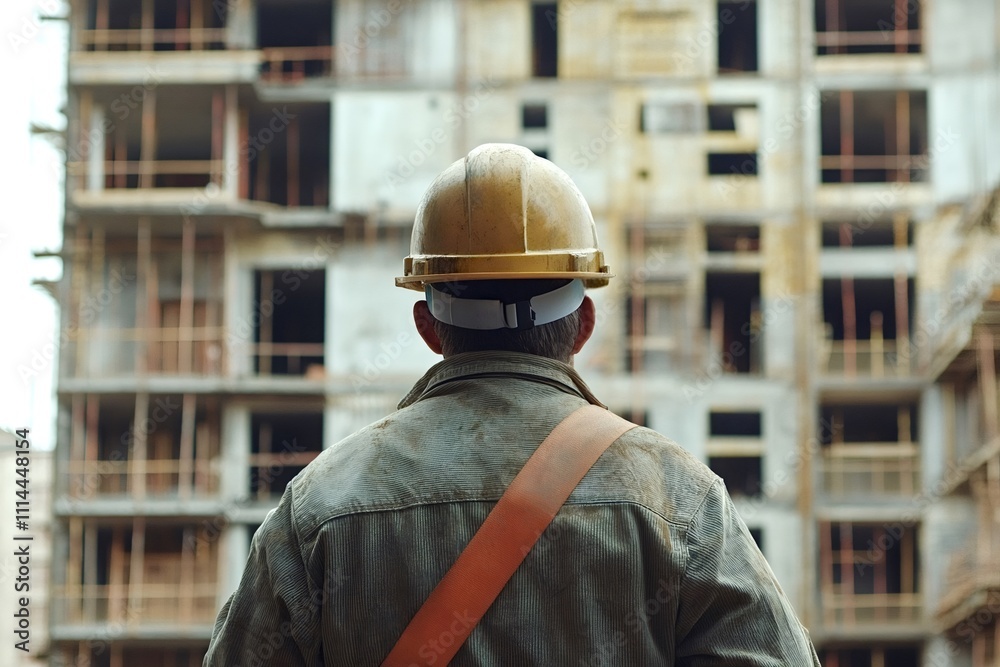 Construction worker wearing a yellow hard hat and safety harness, inspecting an unfinished residential building at a busy construction site, viewed from the back Construction worker wearing a yellow hard hat and safety harness, inspecting an unfinished residential building at a busy construction site, viewed from the back