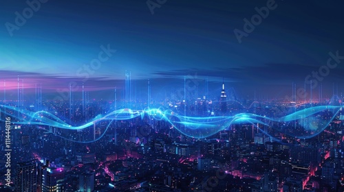 Futuristic Cityscape with Digital Waves