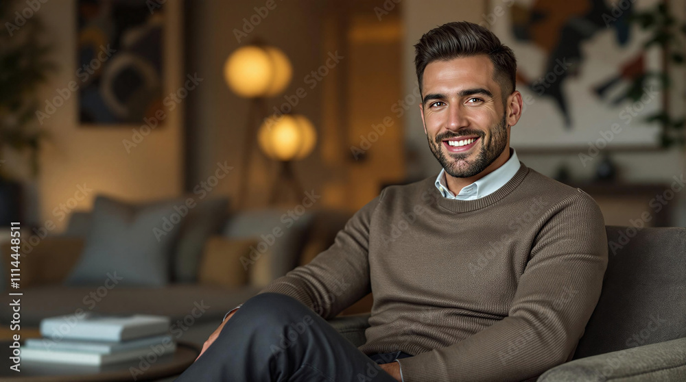 Businessman smiling and relaxing on sofa in modern apartment Businessman smiling and relaxing on sofa in modern apartment