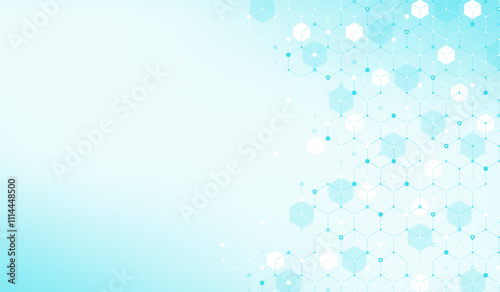 Modern health care or medical background design. Health care innovation concept. Horizontal header web banner. Abstract geometric background with hexagon shapes for medicine, science, chemistry.