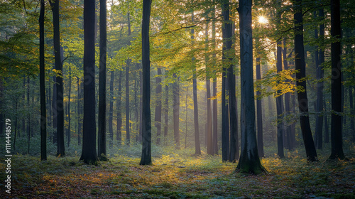 Serene Dawn Forest: Sunlit Trees, Tranquil Clearing, Vibrant Colors