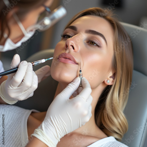 Beautiful lady at the beautician cabinet wore a bonnet in her hair, woman receiving anti wrinkle injections on cheekbone. Women's cosmetology in the beauty salon