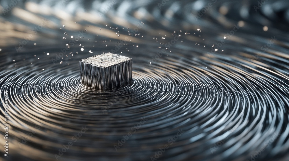 Magnetic fields create unique patterns around a metal cube in a swirling metallic backdrop