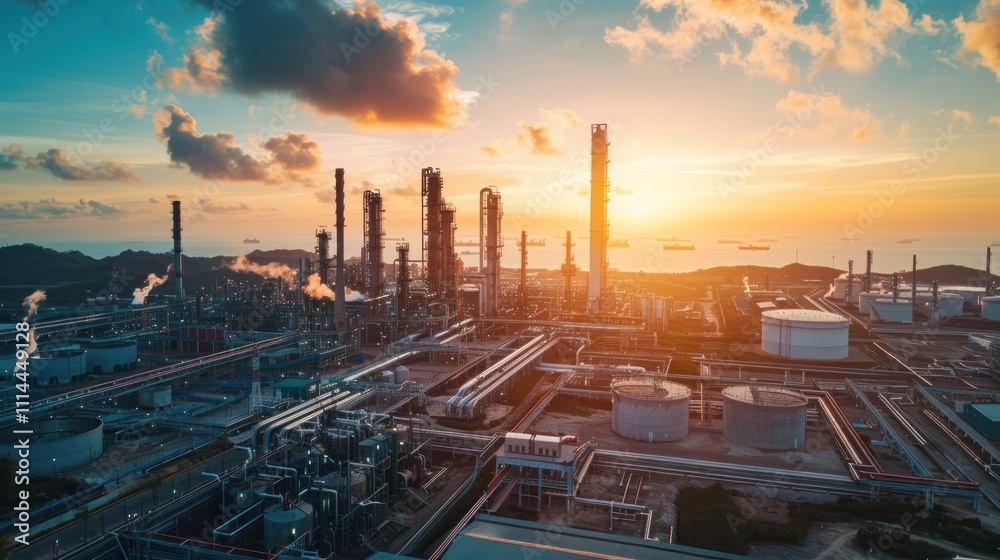 Obraz premium Industrial Sunset Over Refinery Complex