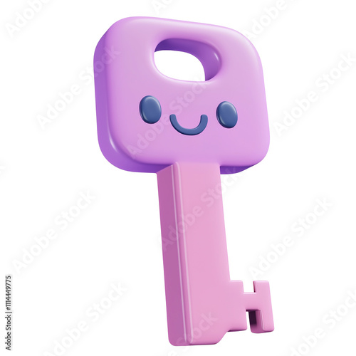3D rendering of a pastel key with happy face designs isolated on black background