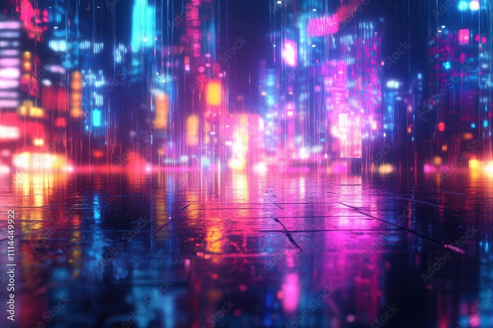Neon cityscape reflection on wet streets at night. Neon cityscape reflection on wet streets at night.
