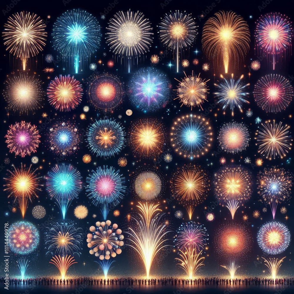 Big set of various fireworks with brightly shining sparks. Colorful pyrotechnics show. Realistic fireworks celebration isolated vector illustration. Beautiful light performance in night sky Big set of various fireworks with brightly shining sparks. Colorful pyrotechnics show. Realistic fireworks celebration isolated vector illustration. Beautiful light performance in night sky