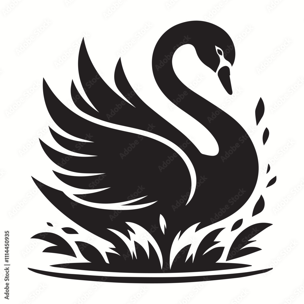 Fototapeta premium Black Color Swan Silhouette Vector Illustration, Solid White Background.