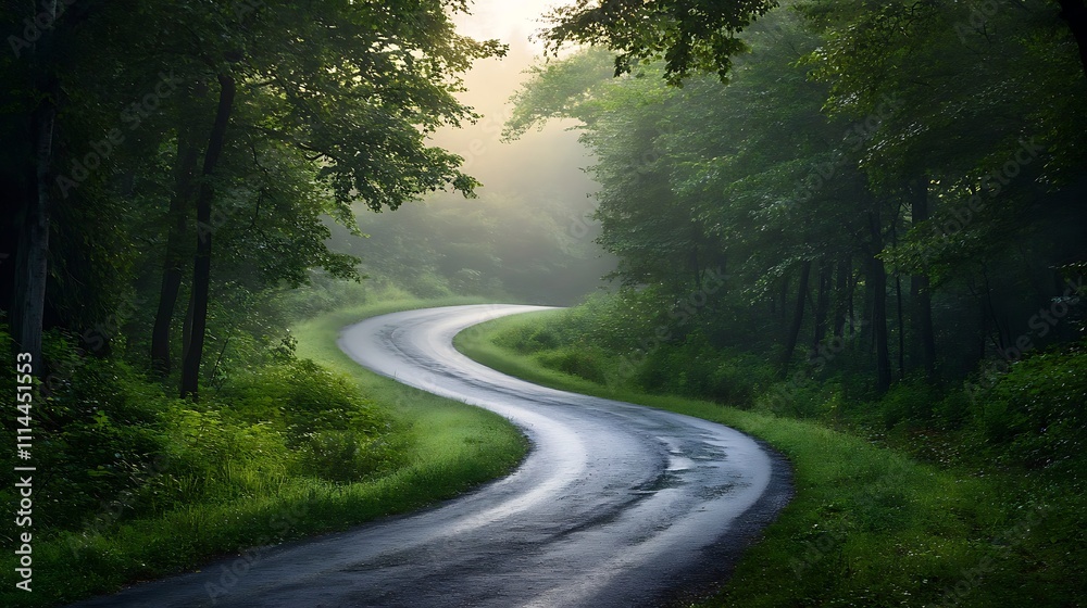 Fototapeta premium Winding Road Through Misty Green Forest