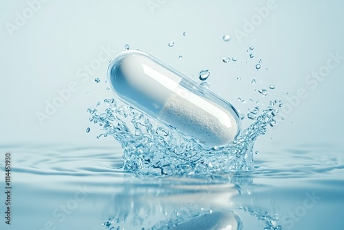 Medicine pill splashing into clean water creating ripples and small splashes, suggesting the concept of soluble drugs, healthcare, and wellness