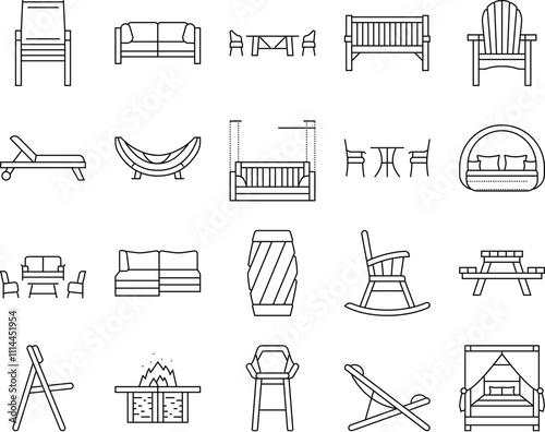 outdoor furniture patio garden icons set vector. terrace table, house home, summer balcony, luxury view, sofa, wooden outside, deck outdoor furniture patio garden black contour illustrations