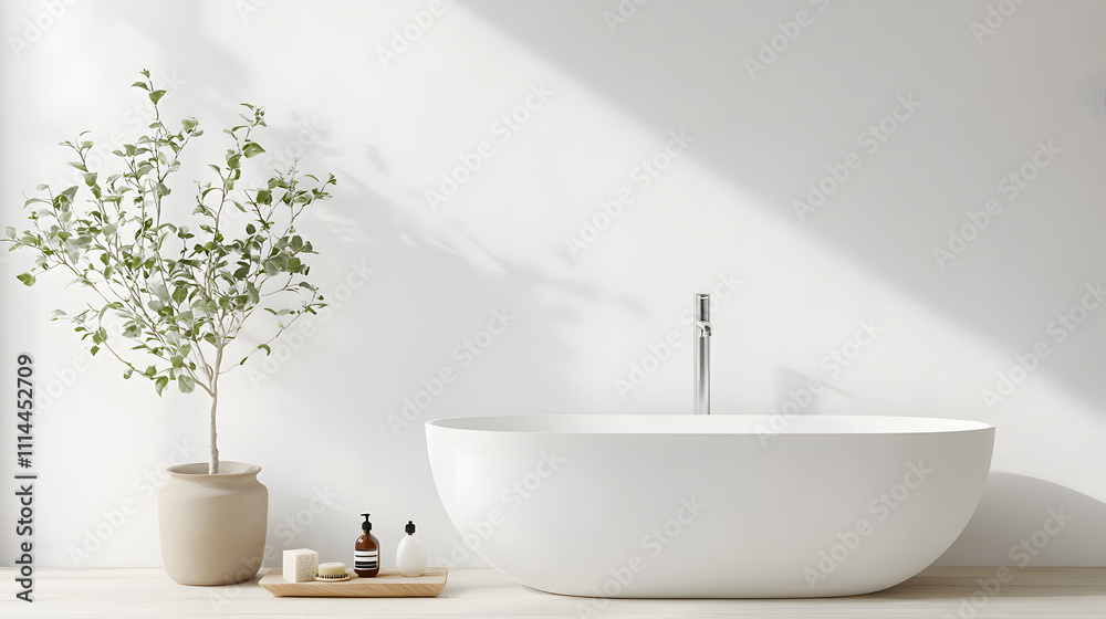 Fototapeta premium White vanity with ceramic sink and faucet in modern style white bathroom interior detail concept