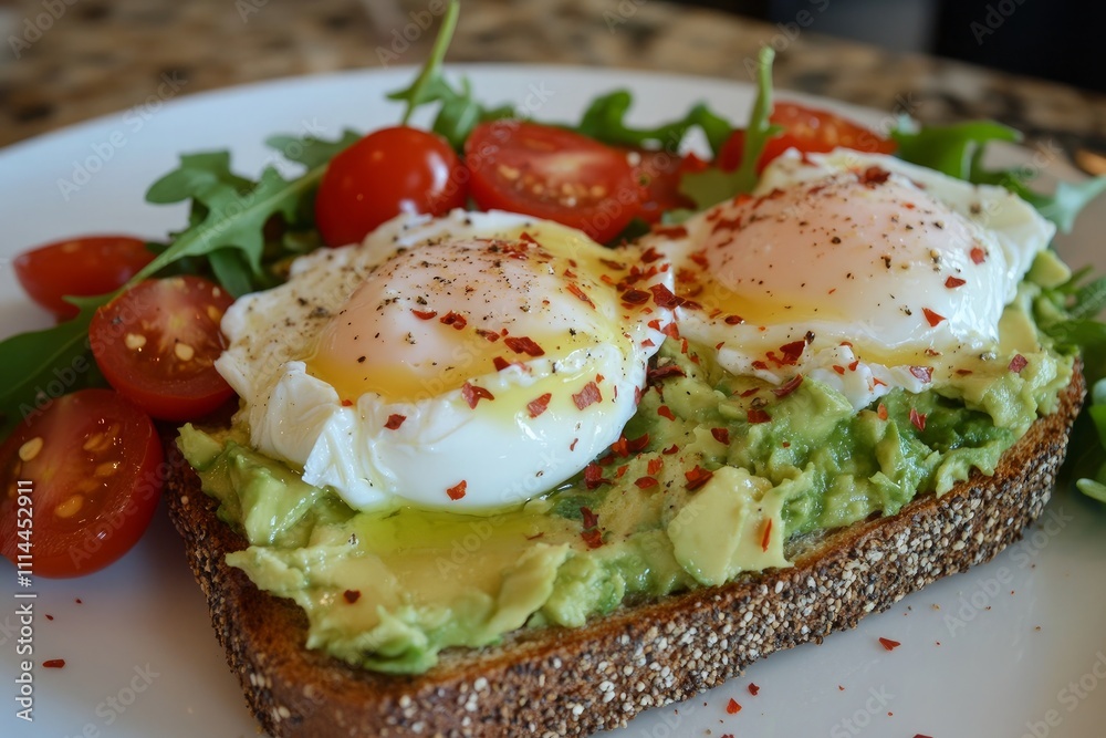 Delicious breakfast toast with avocado and poached eggs. Generative AI Delicious breakfast toast with avocado and poached eggs. Generative AI