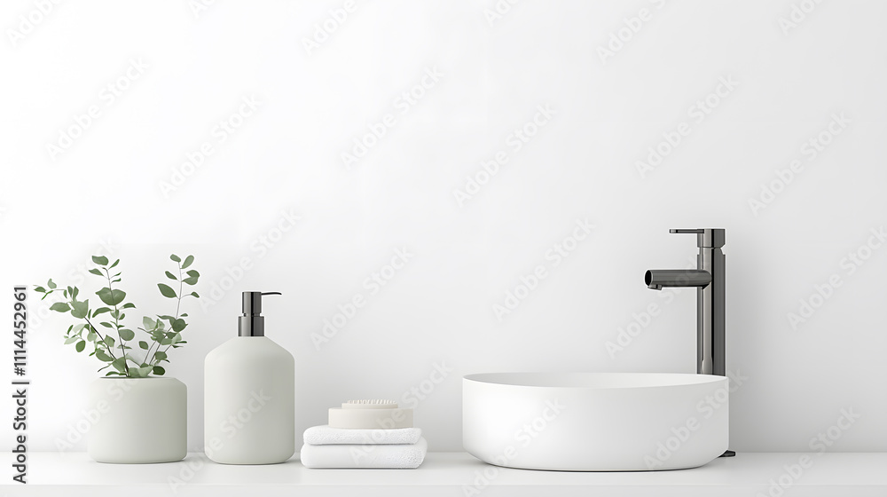White vanity with ceramic sink and faucet in modern style white bathroom interior detail concept White vanity with ceramic sink and faucet in modern style white bathroom interior detail concept