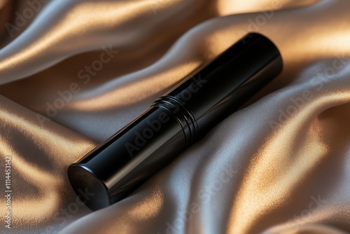 Elegant black lipstick tube on luxurious satin fabric. photo