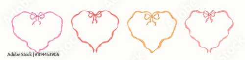 Vintage heart colorful frames with bow and ribbons. Coquette hand drawn borders in place for your text. Trendy cute frames for wedding invitation, Valentines day card, holiday poster, cover, banner.