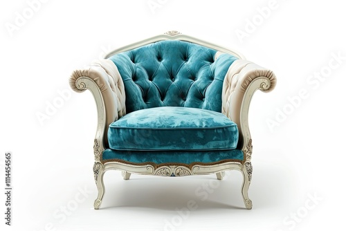 Luxury Cream And Azure Velvet Chair With Outer Light Brown Wooden Legs Isolated On White Background 