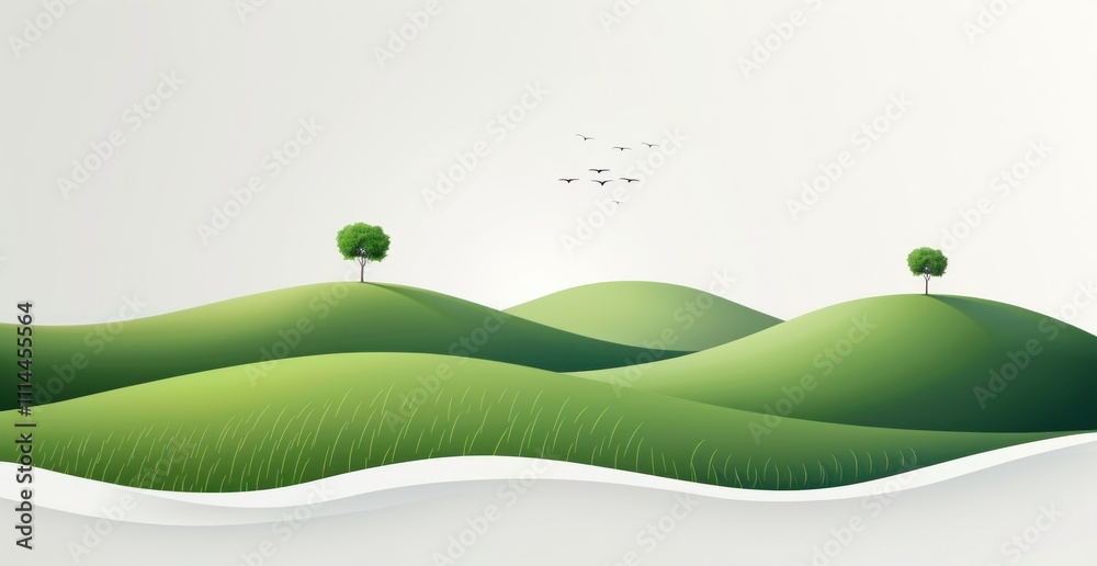 Obraz premium Rolling Green Hills with Lone Trees and Birds